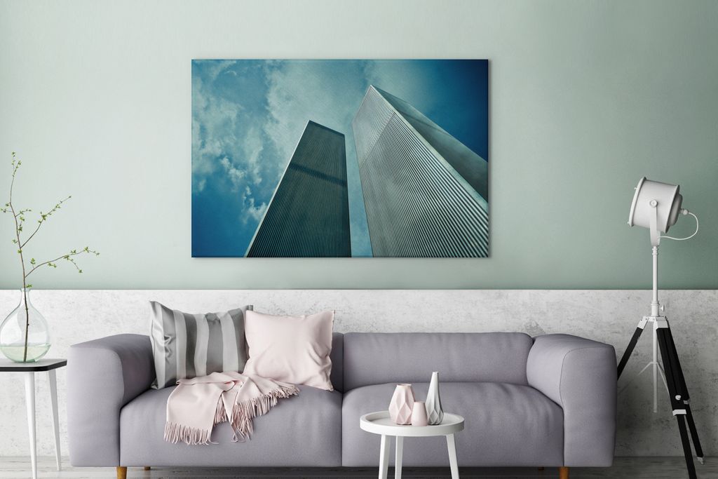 OneMillionCanvasses - Leinwandbilder - 140x90 cm, Ansicht der Türme des World Trade Center in New York von unten, Wandbilder Kunstdruck Wanddeko...