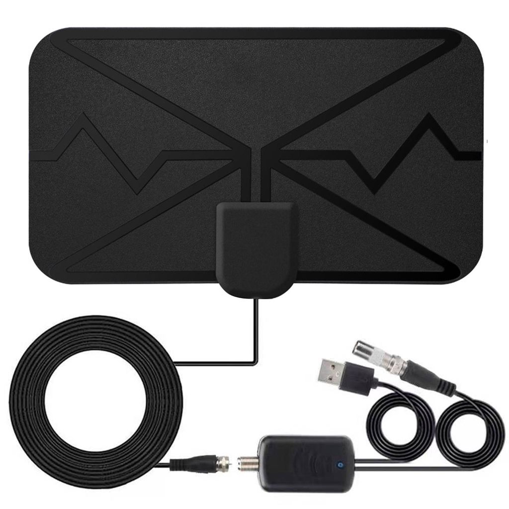 A black digital TV antenna with its cables and amplifier.