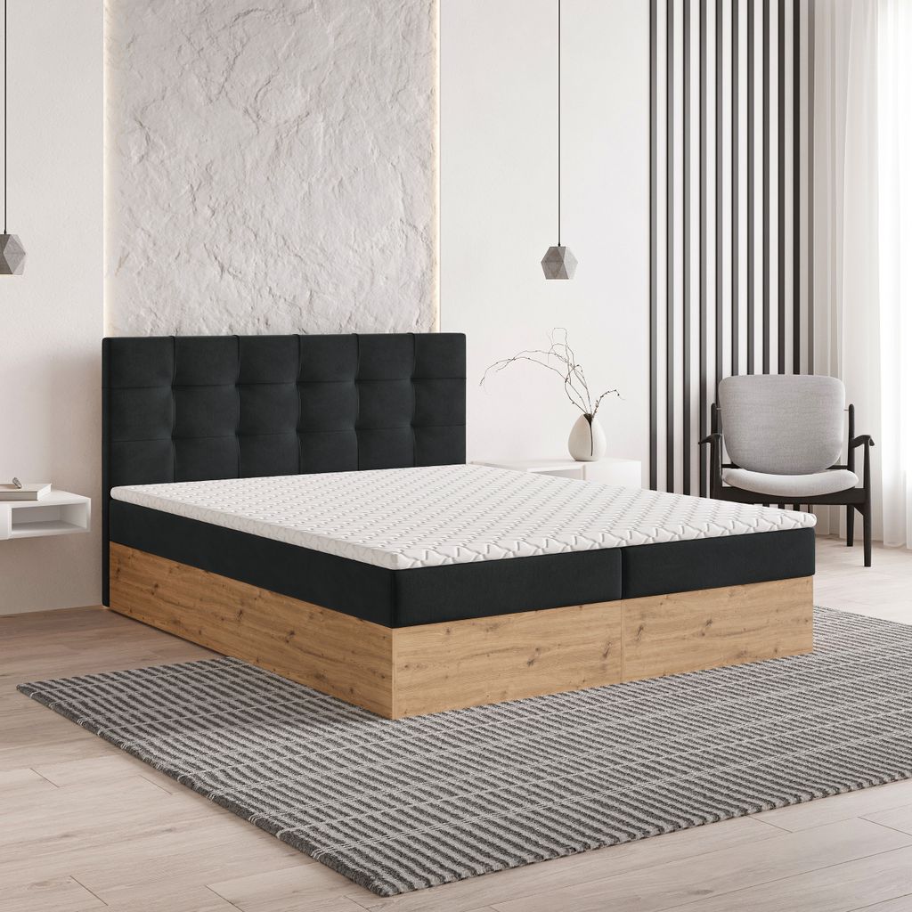 Masseno Boxspringbett MOLVEN 140x200 cm Komplett-Set mit Bonell Matratze und Topper, Polsterbett mit Bettkästen -Schwarz, SORO 100