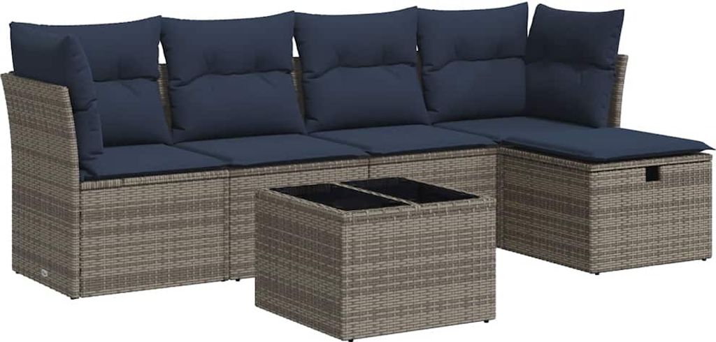 6-tlg. Garten-Sofagarnitur mit Kissen Grau Poly Rattan