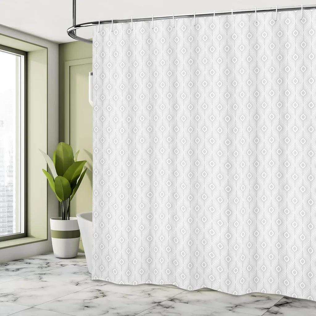 ABAKUHAUS Tenda da doccia astratta, illustrazione di Plain Delicati motivi Ogee in tenui tonalità di grigio Stampa alla moda, 175 x 180 cm, grigio chiaro e bianco - 3