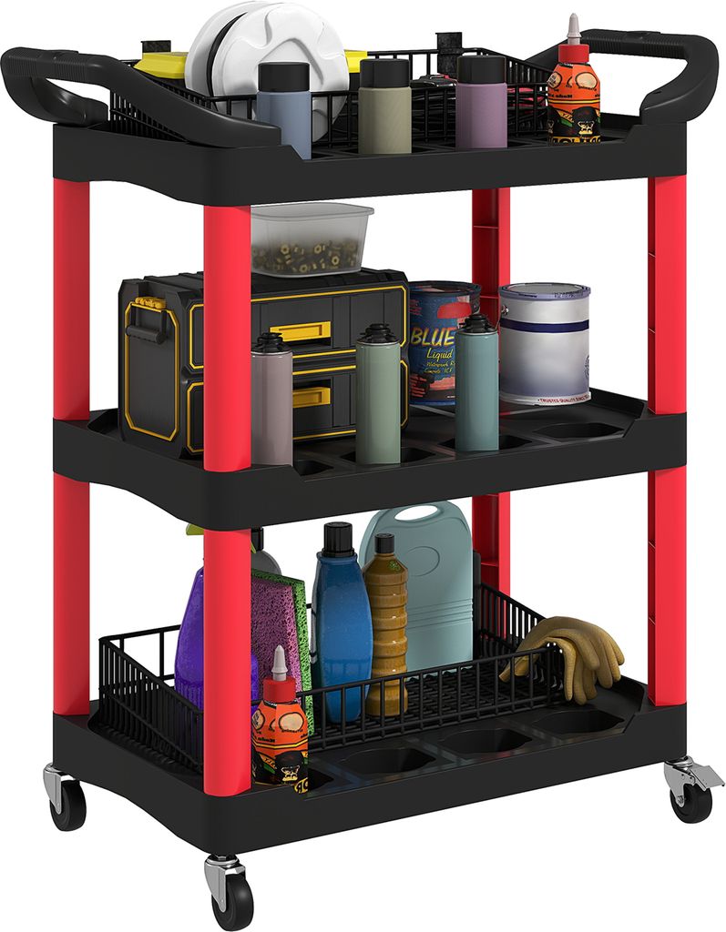 HOMCOM Werkstatt-Rollwagen mit 3 Etagen, Werkzeugwagen mit Griff, Hakenlöchern für Werkzeug Montagewagen für Garage, Lagerhaus, max. 91 kg Belas...