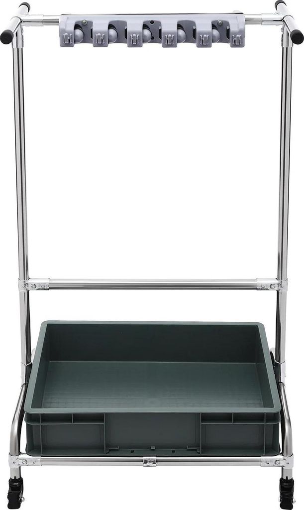 Mopp- und Besenhalter - Bodenstehender Ständer - 12 Haken - 10 Schlitze - 4 Rollen - Edelstahl & Kunststoff - Hellgrau