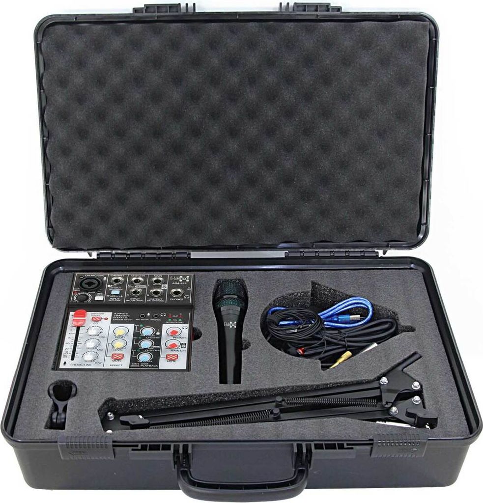 E-Lektron AIM-42S 4-Kanal Streaming Audio-Mixer Live Mischpult inkl. USB-Interface & Mikrofon | Satz in Kunststoff-Koffer | EL172610