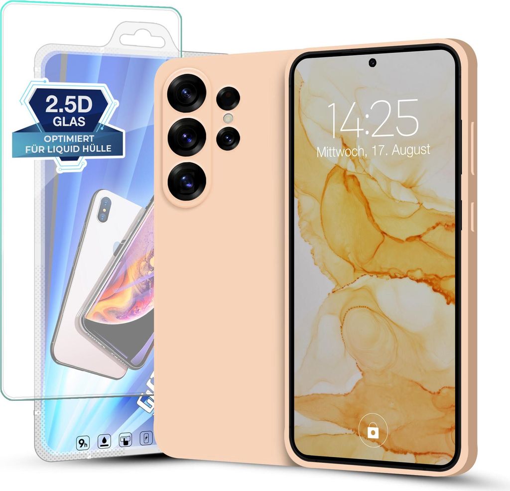 A pink phone case and screen protector are displayed next to a smartphone.