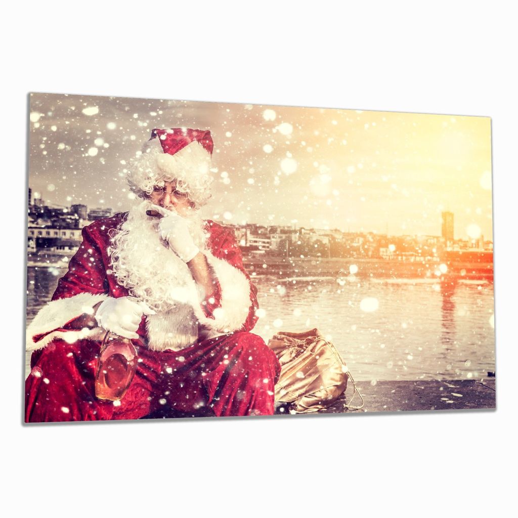 Wallario Herdabdeckplatte aus Glas, Größe 80 x 52 cm 1-teilig, Motiv Christmas-Party - Weihnachtsmann mit Schnaps und Zigarre