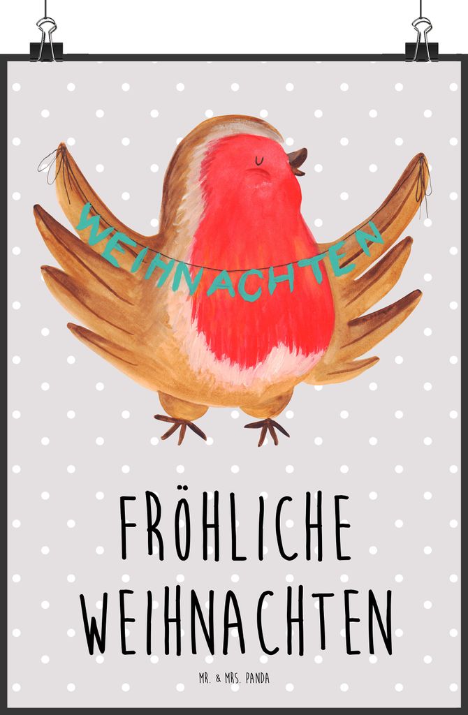 Mr. & Mrs. Panda Bild Rotkehlchen Weihnachten DIN A2 - Grau Pastell - Geschenk, Frohe, Design Poster, Weihnachtsgruß, Deko, Winter, Vogel, drucke,...