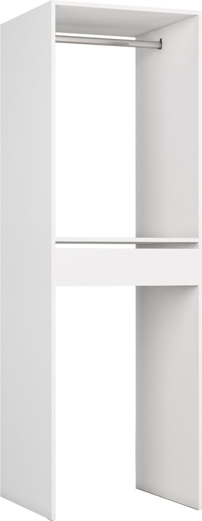 A white wardrobe interior with a hanging rail and a shelf.