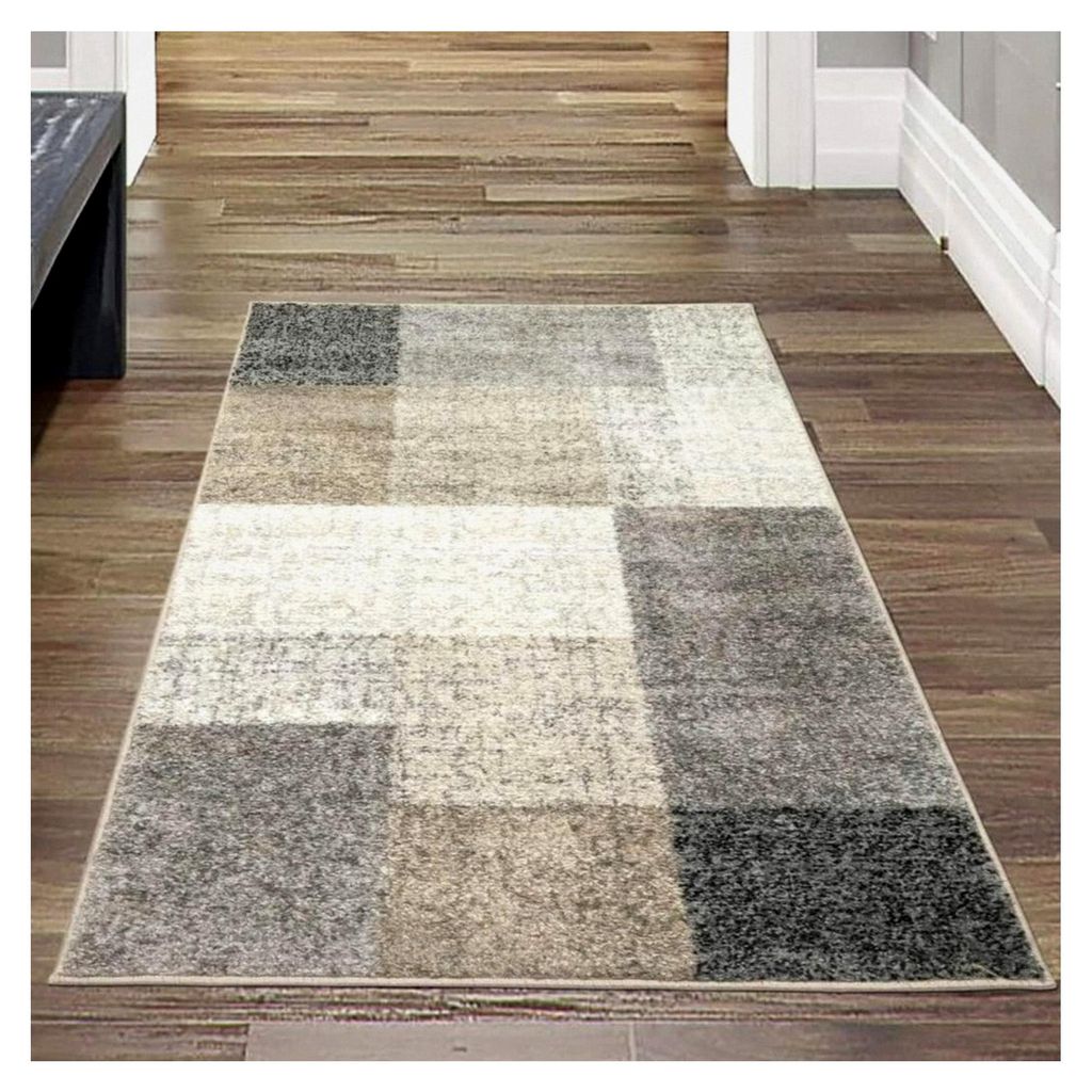 Moderner Läufer für das Wohnzimmer mit quadratischen Mustern in Grau und Beige, Größe 80x140 cm