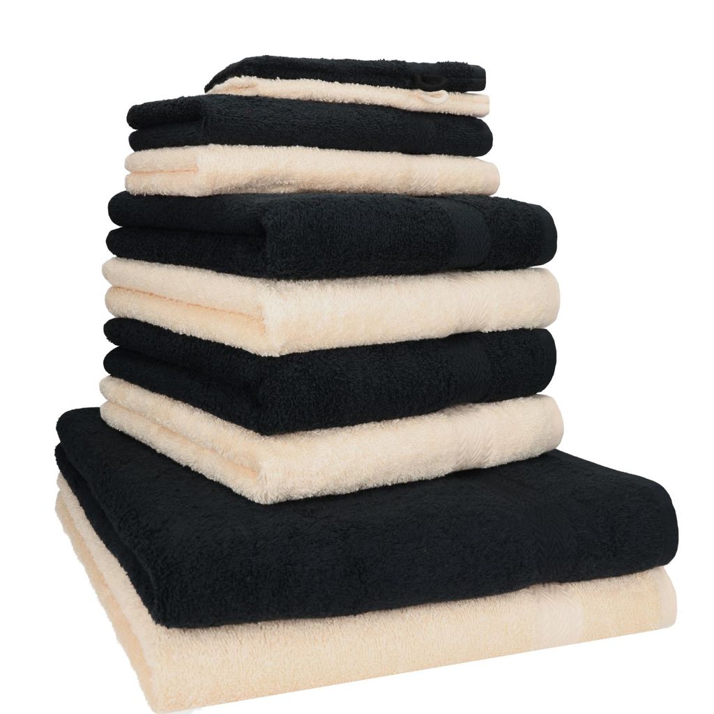 Betz 10-tlg. Handtuch-Set PREMIUM 2 Duschtücher 4 Handtücher 2 Gästetücher 2 Waschhandschuhe Farbe: schwarz & beige
