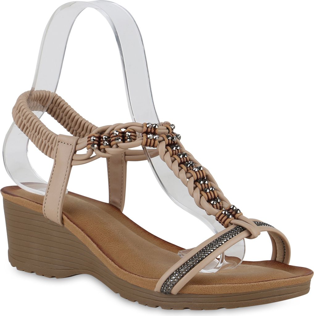 VAN HILL Damen Keilsandaletten Sandaletten Strass Schuhe 841107, Farbe: Khaki, Größe: 37