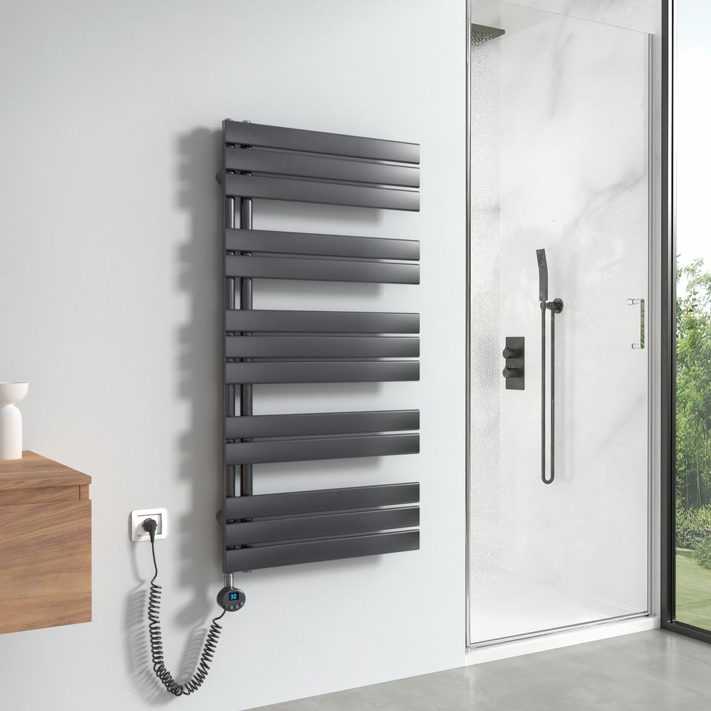 Meykoers Handtuchtrockner Elektrisch Anthrazit Heizkörper 1176 x 600mm Asymmetrie Design Badheizkörper mit Timer Thermostat 600W Handtuchwärmer ...