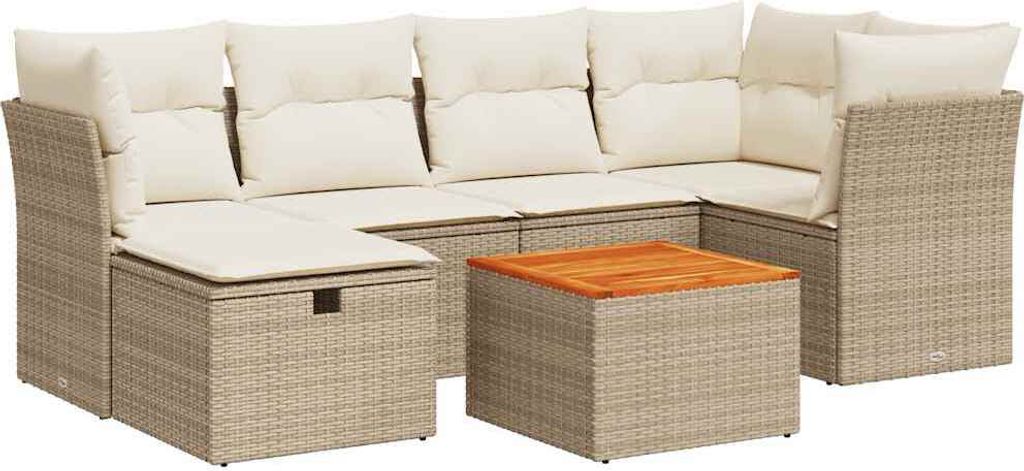 7-tlg. Garten-Sofagarnitur mit Kissen Beige Poly Rattan