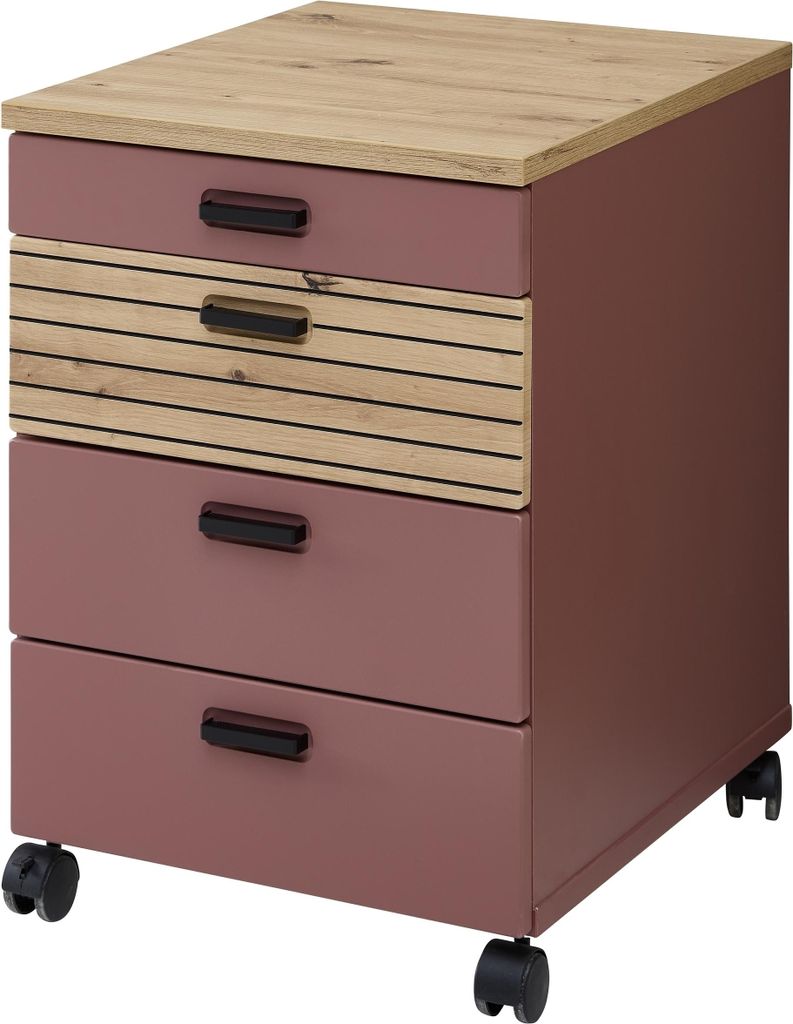 Rollcontainer >Glenn< in Rusty Red / Artisan Eiche Nachbildung, MDF - 45x66x55 (BxHxT)