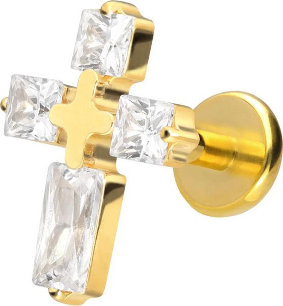 Ohrpiercing, Nasenpiercing Titan Labret mit Push Fit KRISTALLKREUZ Gold Stablänge: 8mm | Stabstärke: 1mm