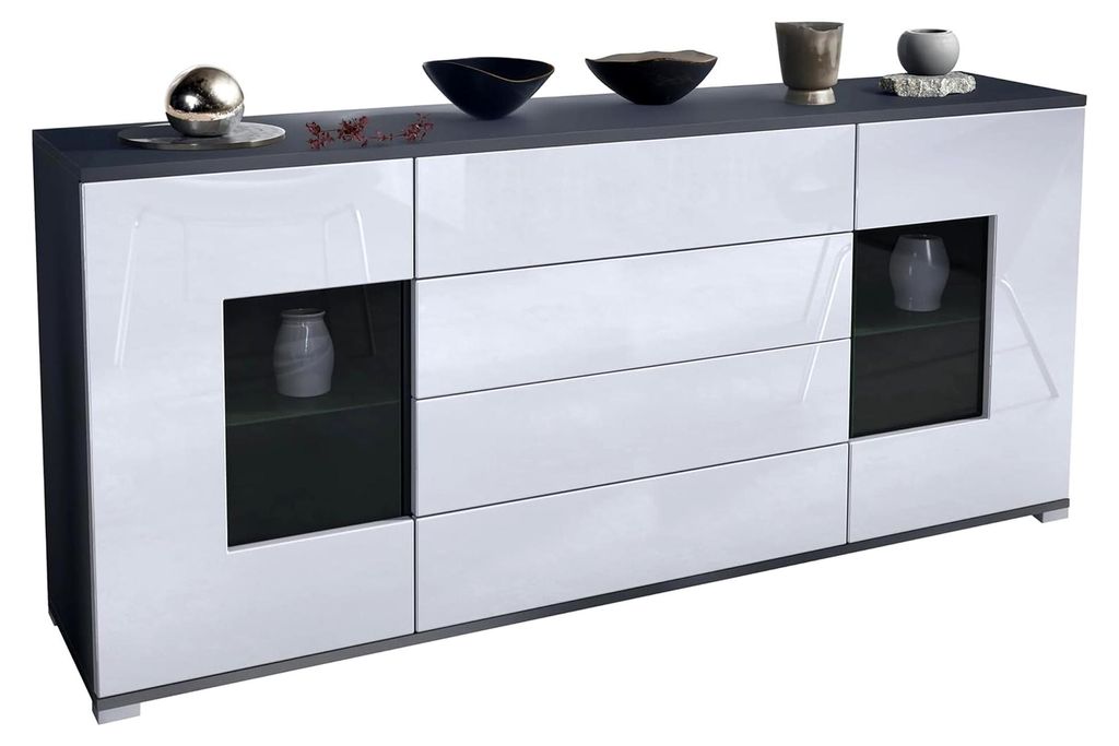 Sideboard Grömitz V2, Kommode mit 2 großen Türen und 4 Schubladen, Anthrazit matt/Weiß Hochglanz (166,5 x 75,5 x 35)