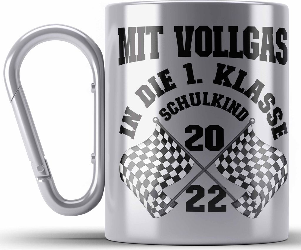 Trendation - Einschulung Junge Geschenk für Schultüte Füllung Edelstahl Tasse Karabiner Schulstart 1. Schultag Schuleinführung Schulanfang Gesc...