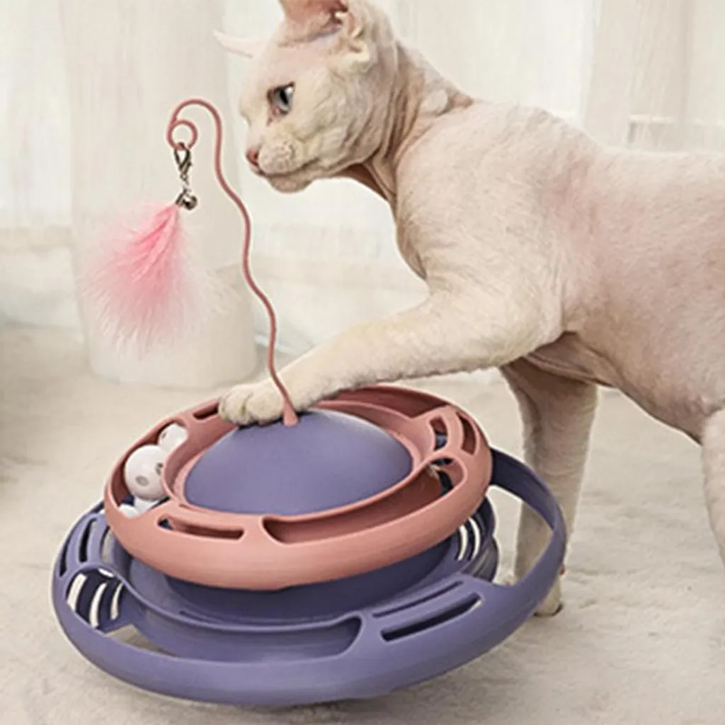 Jouet pour chat interactif circulaire avec plumes et design bicolore - 5