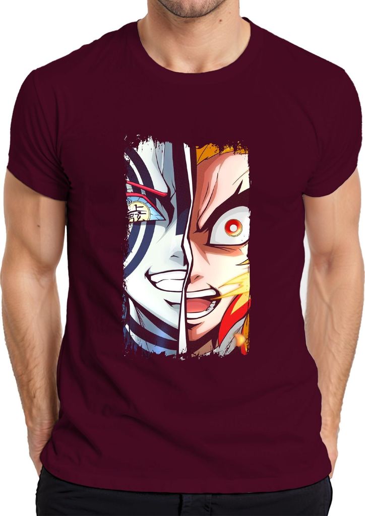 Rengoku Akaza Halbgesicht Feuer Dämon Anime Vintage Anime Manga Herren T-Shirt, Burgundy, L