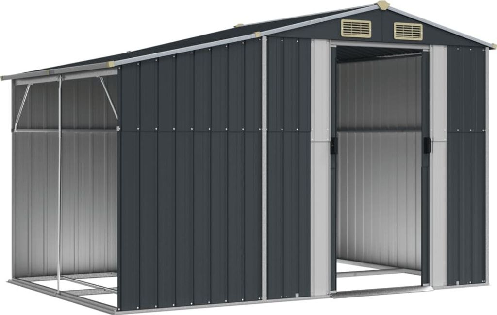 A dark gray metal shed with a silver trim and an open double door.