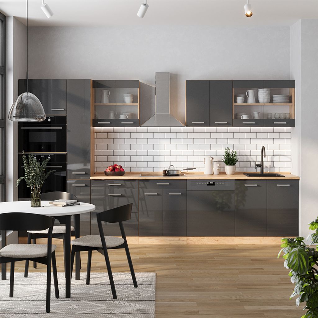 Vicco Cuisine Fame-Line, Anthracite Brillant/Blanc, 240 cm, PT Chêne