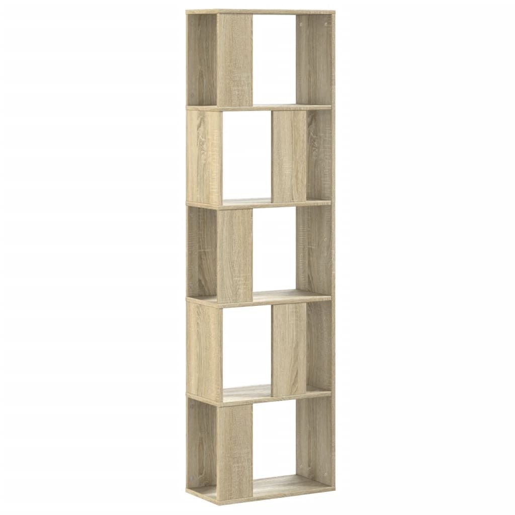 A tall, narrow, five-shelf bookcase with an open, staggered design.