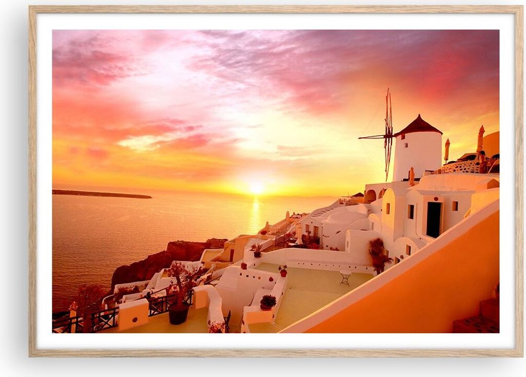 Gerahmtes Poster - Rahmen in heller Eiche - Santorini Griechenland Urlaub - 100x70 cm - Wand Bild - Wanddeko - Wandbilder - Wandposter - Bilderrahm...