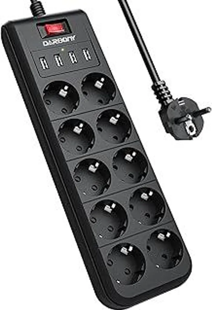 4 Presa multipla USB a 10 vie con interruttore, protezione da sovratensione 4000W 16A Presa di distribuzione Montaggio a parete Presa multipla per casa, scuola Cavo da 2 m Nero
