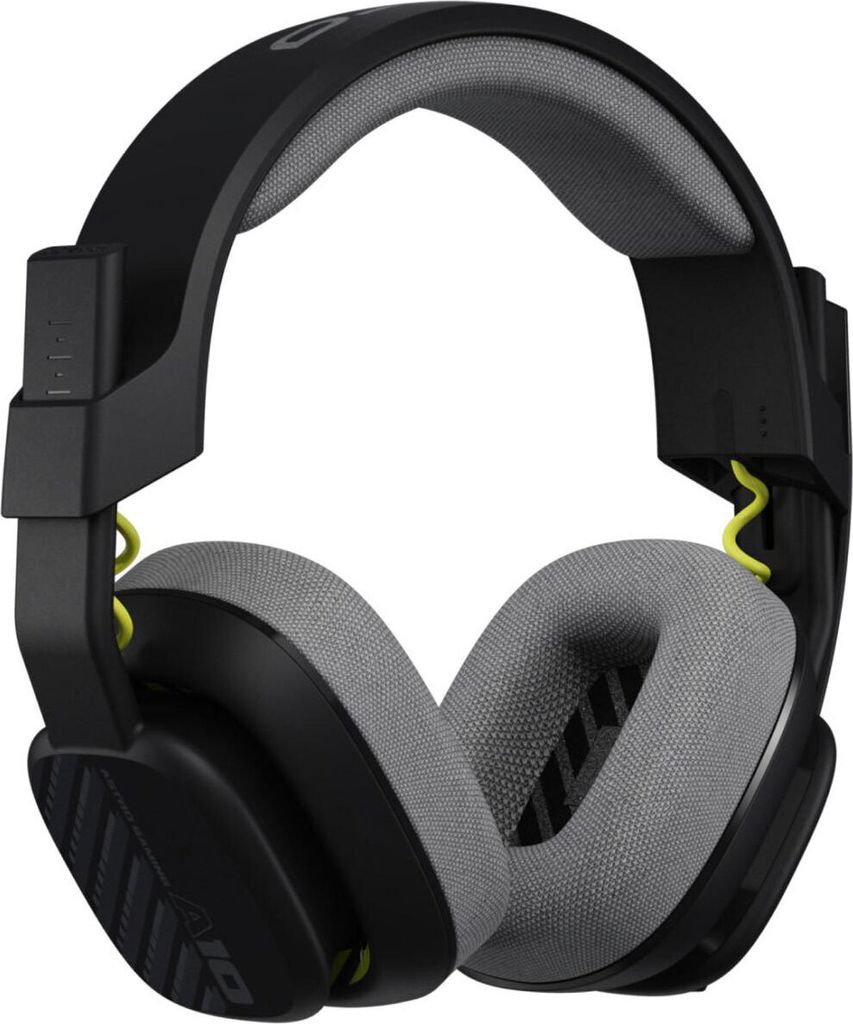 A black and gray gaming headset with yellow accents is shown against a white background.