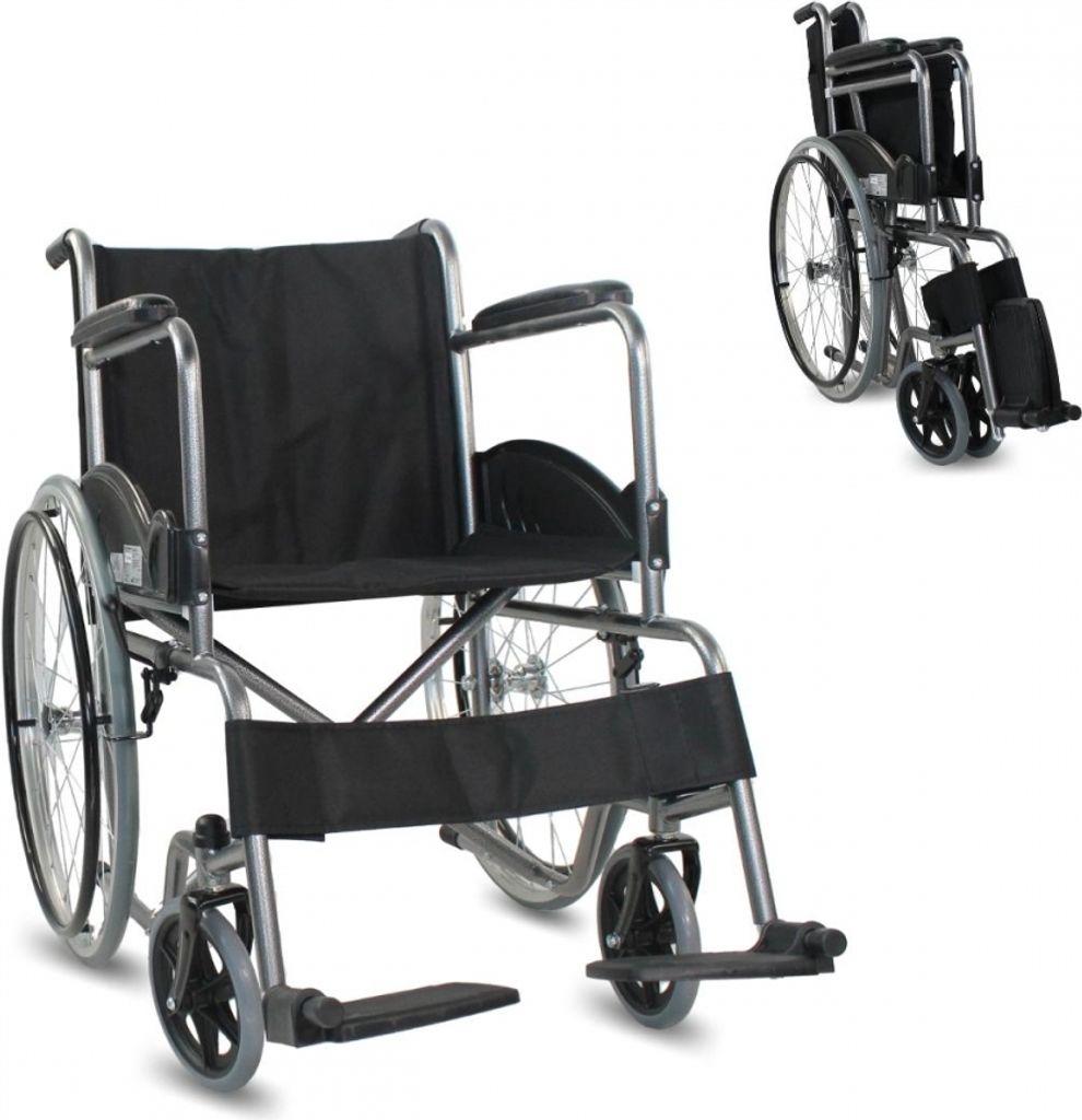 Rollstuhl faltbar Faltrollstuhl selbstfahrend Mobiclinic Alcazaba Sitz 46 cm Bordsteinauflaufsystem Anti-Schock-Reifen Bremsen an den Rädern Schwarz