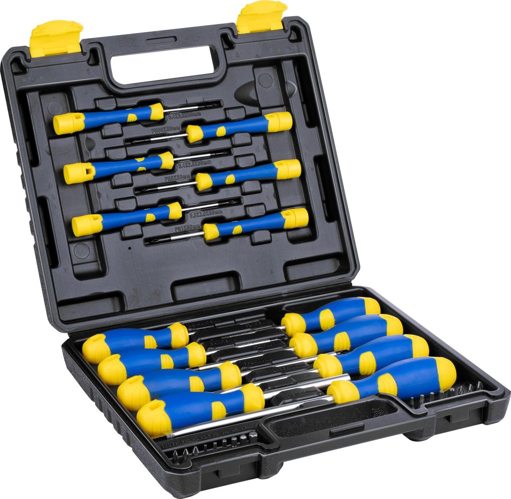 Kinzo Schraubendreher Set 32teilig - inkl. Werkzeugkoffer - Schraubendreher mit magnetischer Spitze - Schwarz, Gelb, Blau