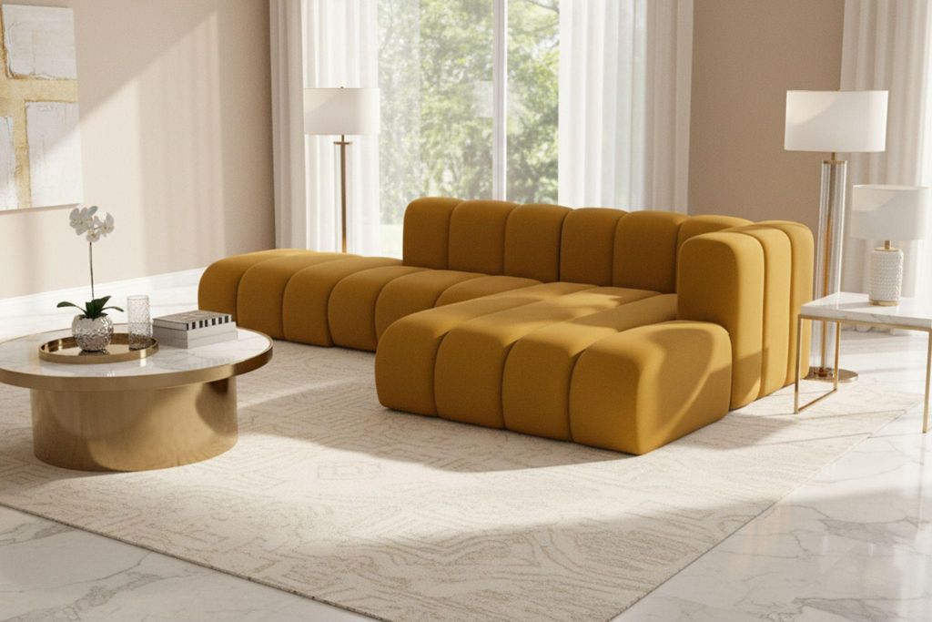 Kaiser Möbel Ecksofa L-Form mit Hocker, Grand Mini, Stoff Salvador, Gelb, Rechts