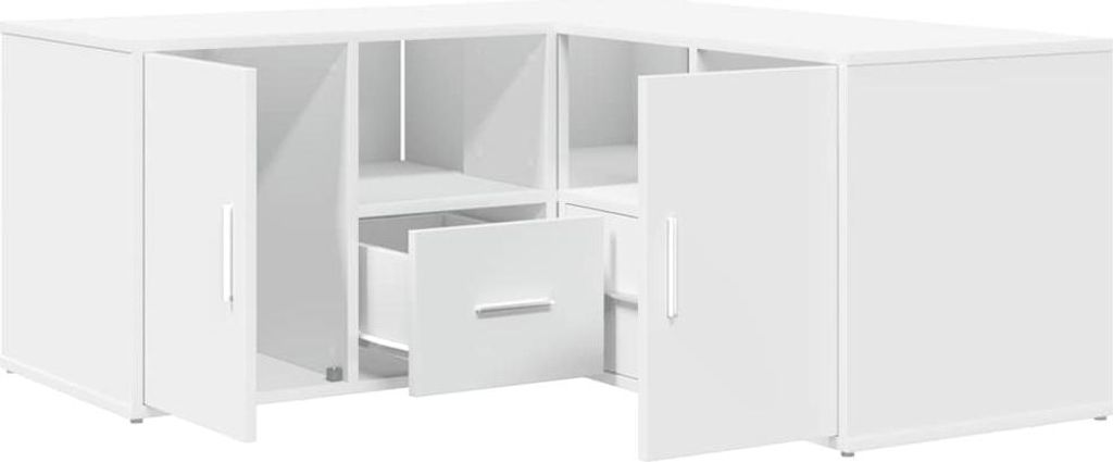 A white corner cabinet with doors and a drawer is shown from a slightly elevated, front-facing angle.