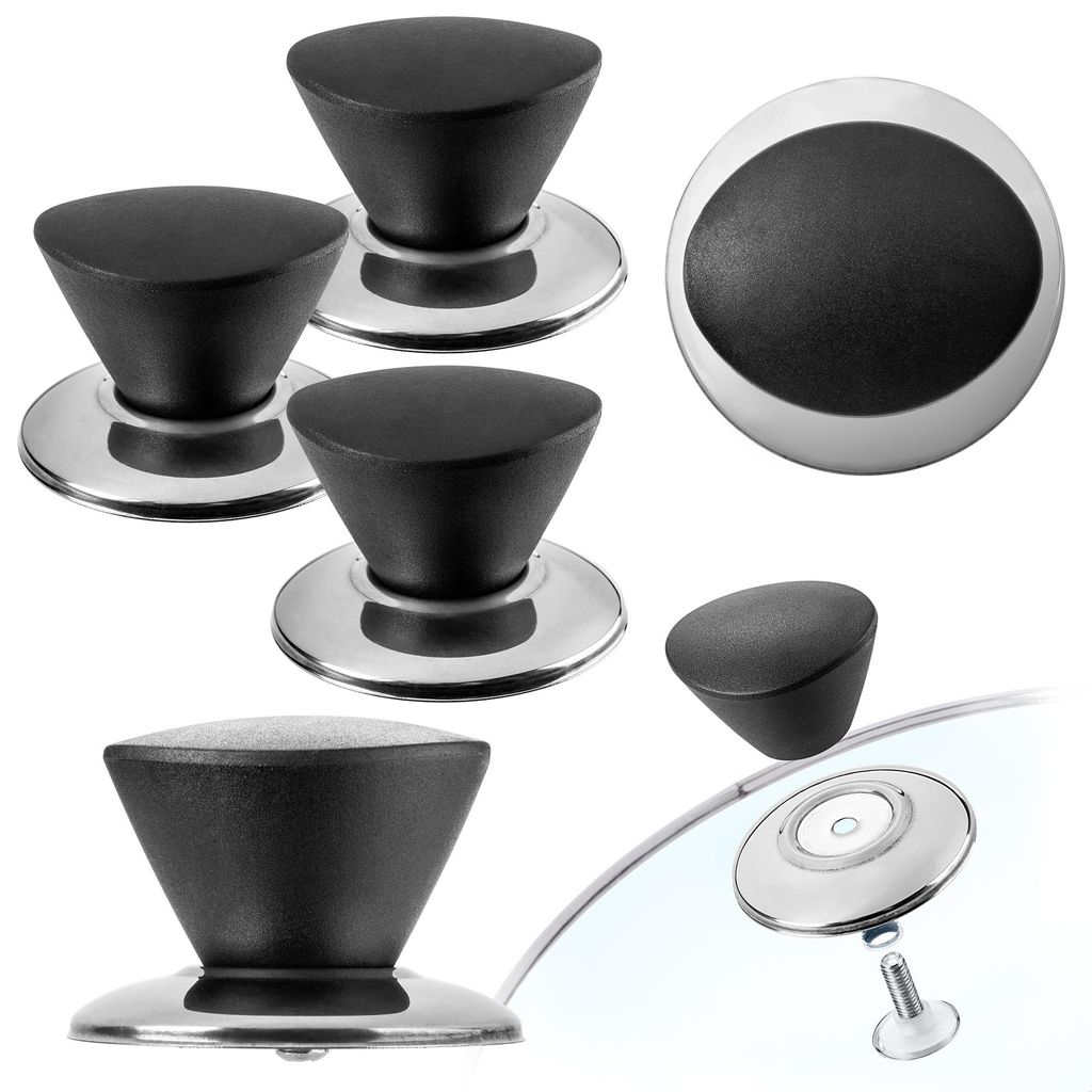 A collection of pot lid knobs, some attached to lids, displayed on a white background.