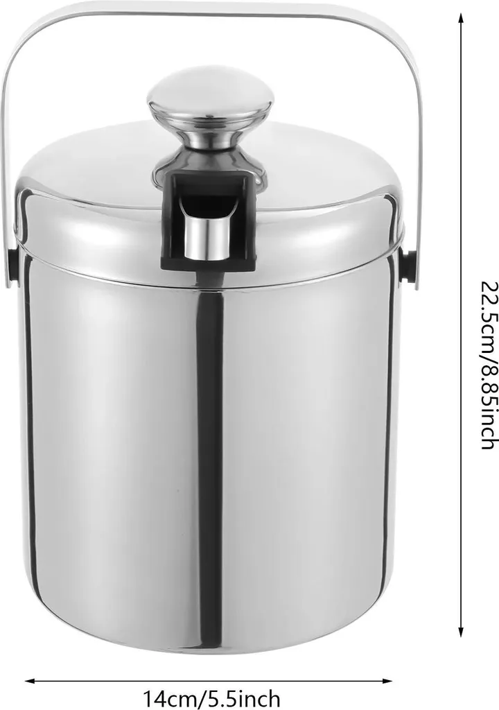 Secchiello Portaghiaccio In Acciaio Inox Con Coperchio E Pinza - 16x15 Cm, Doppio Isolamento, Maniglia Comoda