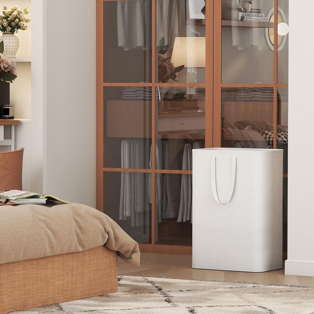 Wäschekorb Faltbar 80L Verlängerte Handgriffe Stoff Wäschetasche - Kinder Schlafzimmer Badezimmer Waschküche Weiß --- Titel: Metall Wäschekor...