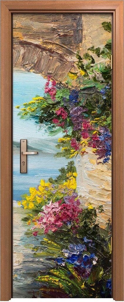 Türposter 70x200 cm Türaufkleber Türtapete Türfolie Klebefolie Kunst Malerei Haus am Meer bunte Blume