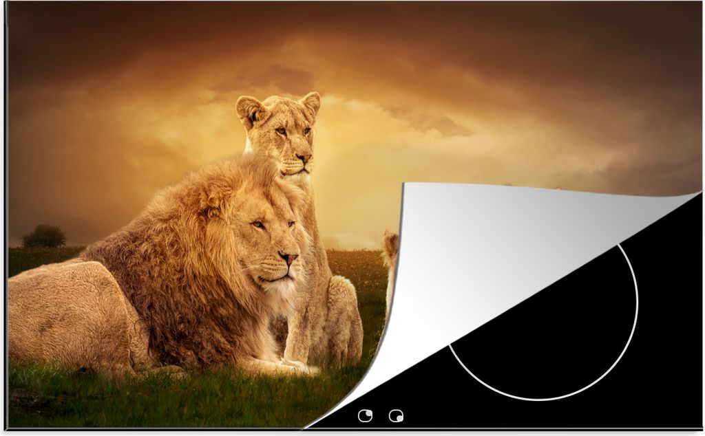 KitchenYeah Herdabdeckplatte Löwen - Gras - Himmel , 90x52cm, Küche Deko, Ceranfeld Herdabdeckung, Abdeckplatte fùr Kochfeld