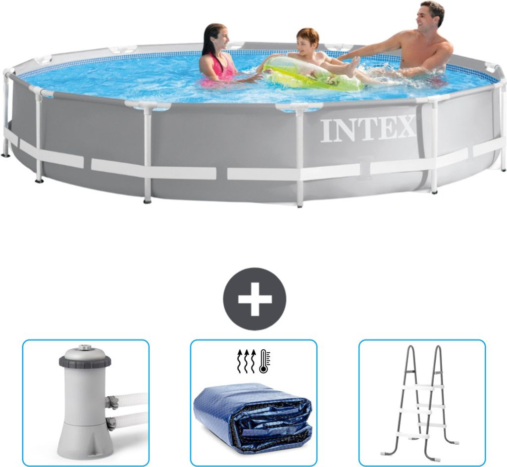 Intex Pool mit rundem Prismenrahmen – 366 x 76 cm – Grau – im Lieferumfang enthalten Filterpumpe für Schwimmbad - Sonnensegel - Leiter