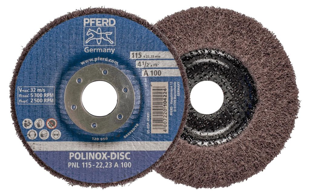 PFERD TOOLS POLINOX Vlies-Schleifdisc PNL Ø 115 mm Bohrung-Ø 22,23 mm A100 für Feinschliff und Finish 5 Stk