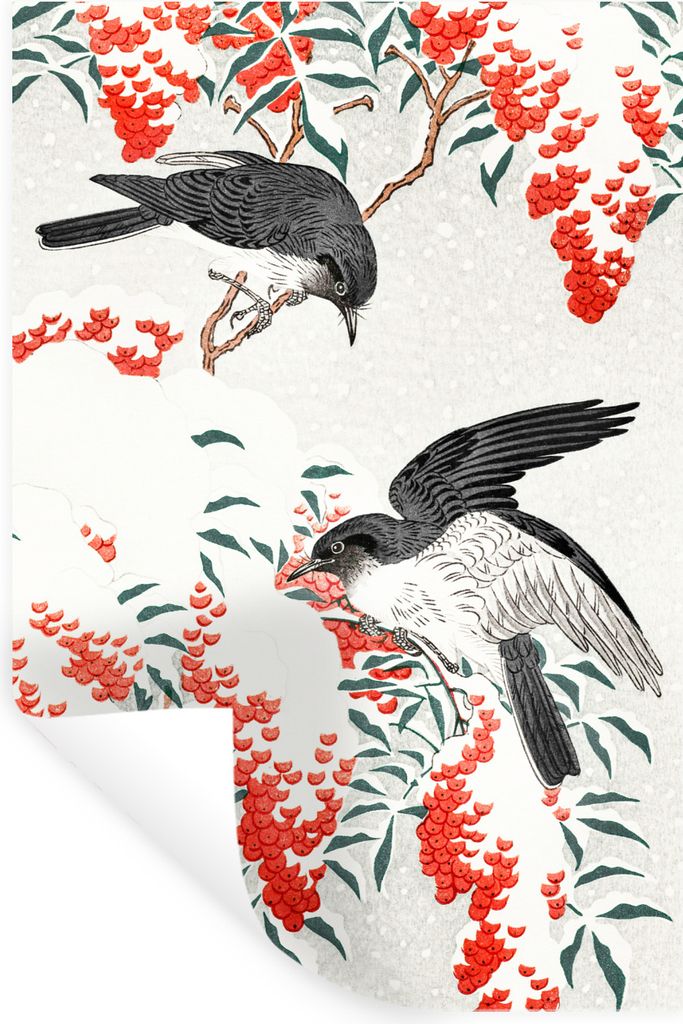 MuchoWow Wandtattoo Wandsticker Wandaufkleber Vögel - Beere - Rot - Japandi 60x90 cm Selbstklebend und Repositionierbar - Sticker - Dekorfolie
