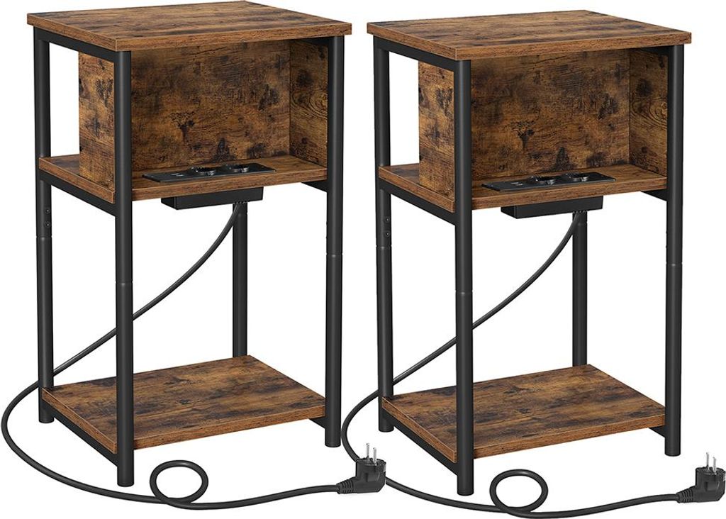 Nachttisch mit Steckdosen, schmal, vintage braun-schwarz