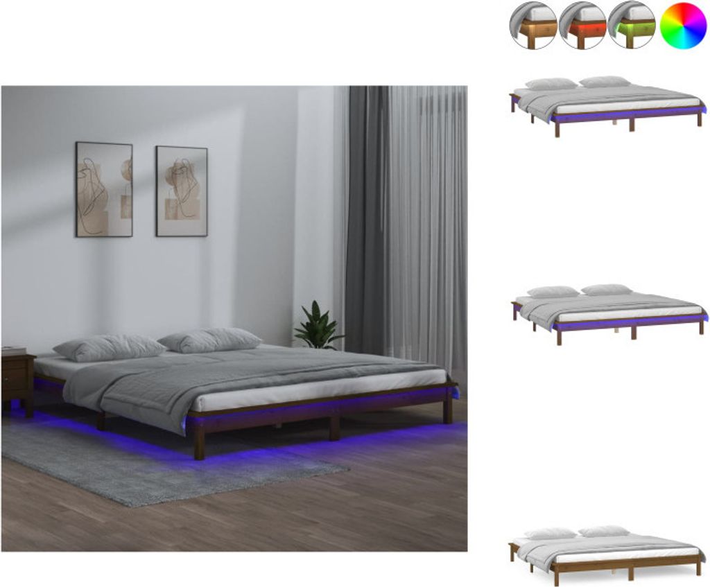 vidaXL Massivholzbett mit LED-Beleuchtung Honigbraun 200x200 cm - Betten & Bettgestelle