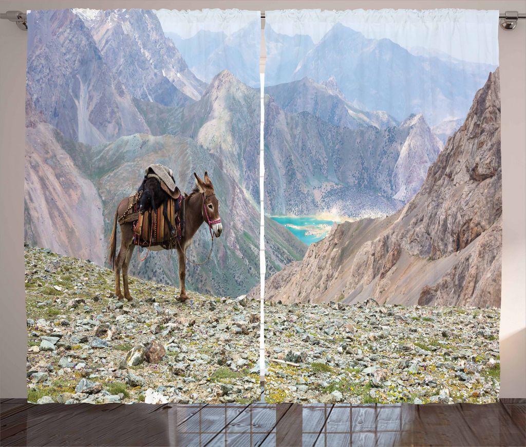 ABAKUHAUS Esel Rustikaler Gardine, Traditionelles Tiergeschirr, Schlafzimmer Kräuselband Vorhang mit Schlaufen und Haken, 280 x 225 cm, Mehrfarbig