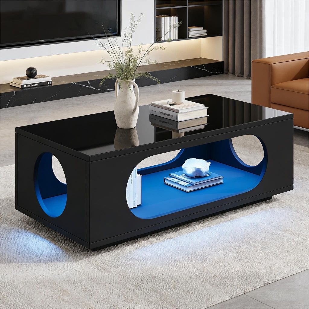 Couchtisch schwarz 100x50x35 cm, App-LED, MDF, 30 kg Tragkraft, Hochglanz, offenes Design, großer Stauraum, Beistell-/Sofatisch
