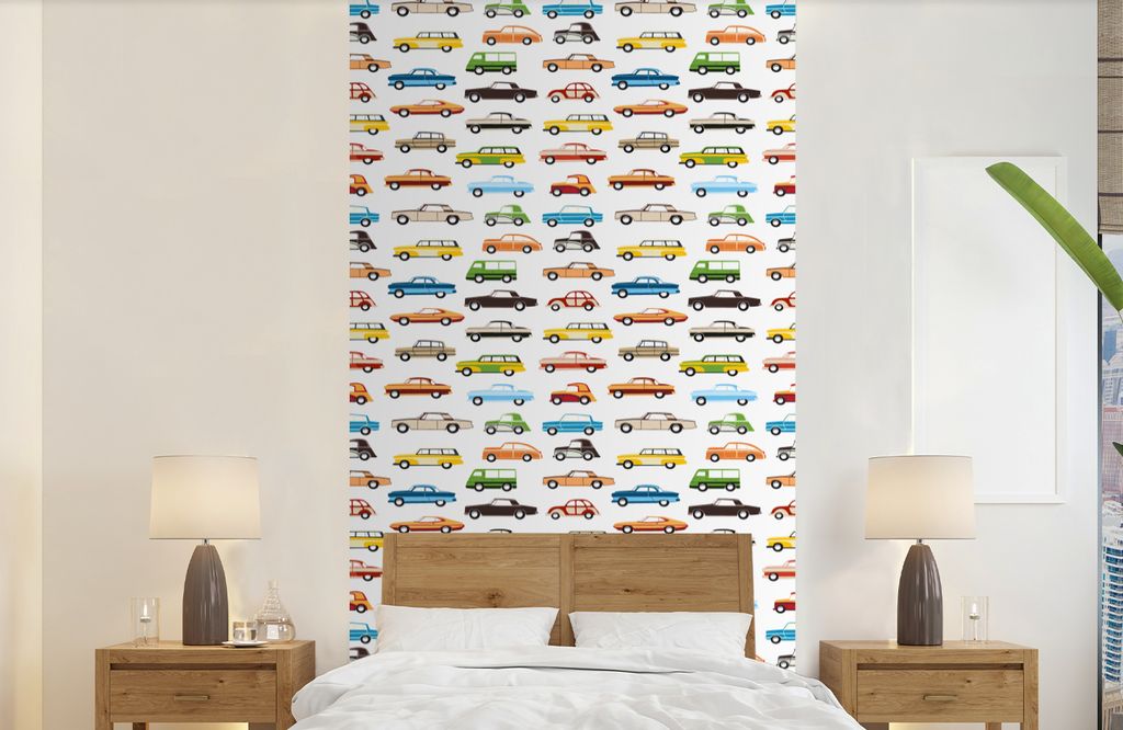 MuchoWow Fototapete für Wohnzimmer oder Schlafzimmer Wandtapete Vinyl Motivtapete Muster - Auto - Retro - Jungen - Kinder - Kind - 120x240 cm - ...