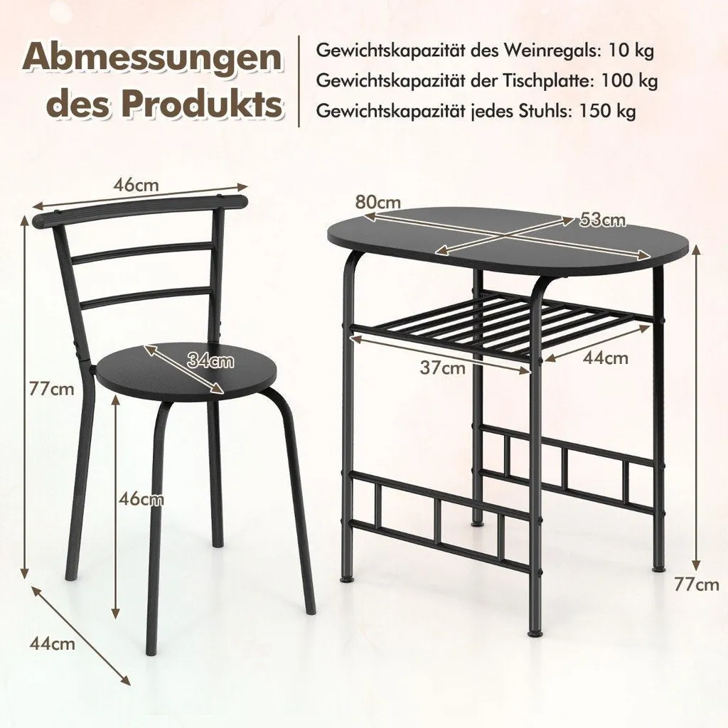 Ensemble repas gain de place noir : table carrée et 2 chaises encastrables