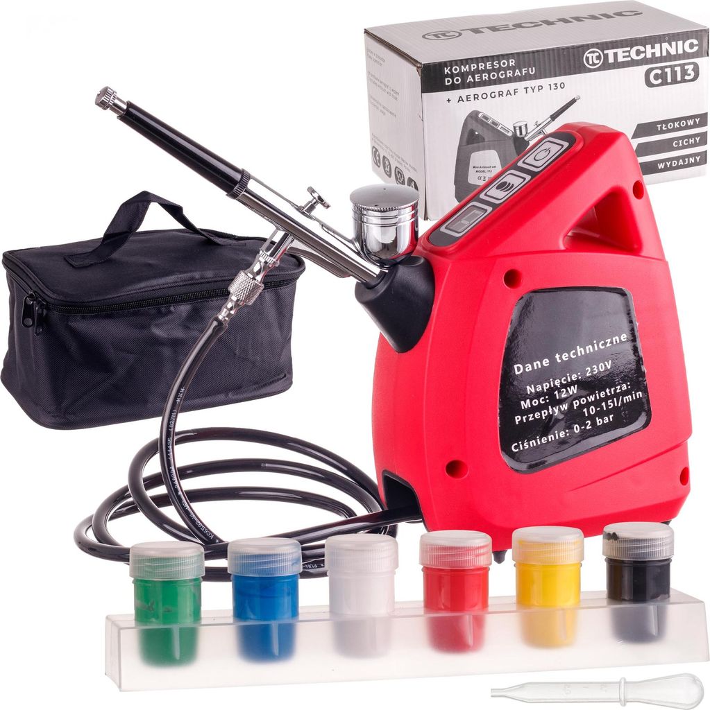 Komplettes Airbrush-Set mit Kompressor, Spritzgerät und Farben TC Technic - C113