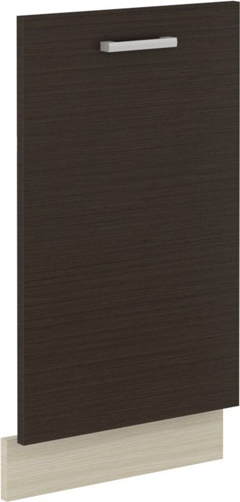 A close-up, front-facing view of a dishwasher door with a handle and a base panel.