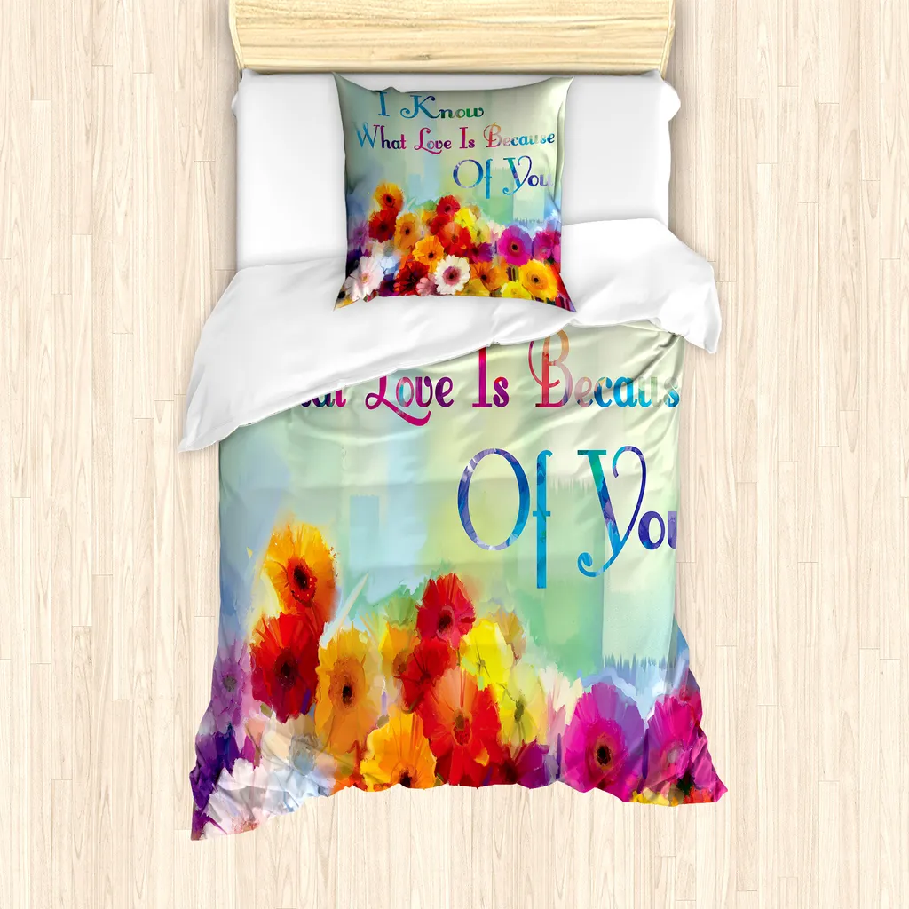 ABAKUHAUS Set copripiumino per letto singolo con proverbio, parole romantiche con fiori, antiacaro, adatto a chi soffre di allergie, con federa, 135 cm x 200 cm - 80 x 80 cm, multicolore